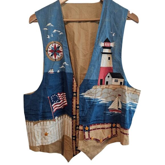 Vintage Jackets & Blazers - Vintage Handmade Sailing Vest Women 2X Blue Patchwork Cottage Lighthouse Ocean